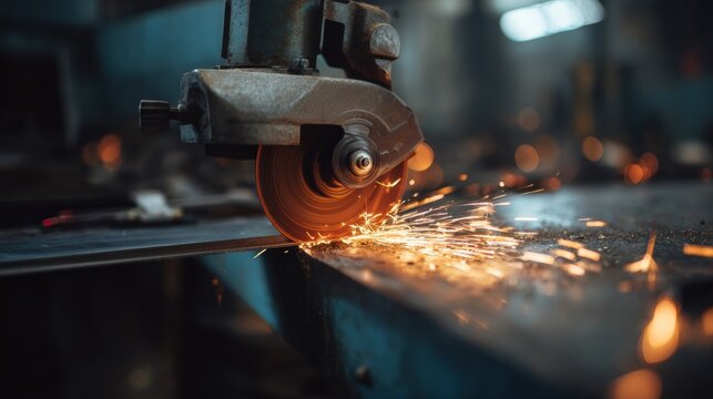 Metal cutting disc sparks flying from industrial grinder in workshop