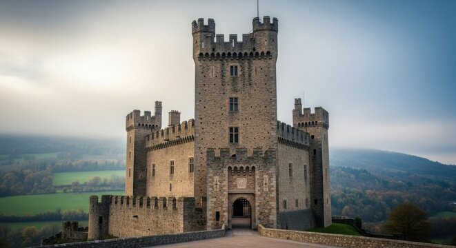 Medieval Stone Castle Tower on Hilltop Surrounded by Forest and Fields