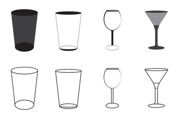 Set of glassware silhouettes and outlines including wine glass, cocktail glass, and drinking glass. Vector icons for bar, restaurant, or beverage design projects.