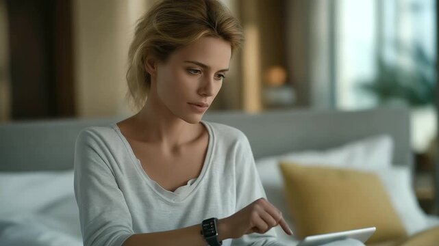 female patient wearing smartwatch streaming heart rate to therapist&rsquo;s tablet real time monitoring gentle buzz of device connected self care three quarter wide angle cinematic