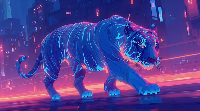 夜のサイバーパンク都市の通りを歩く、ネオンの光でできたトラ | A Neon Light Tiger Walking Down a Cyberpunk City Street at Night