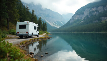 A white campervan parked near tranquil lake. Stunning mountain range at background. Rich green forest grows along the shores. Ideal for travel blog or eco-friendly content.