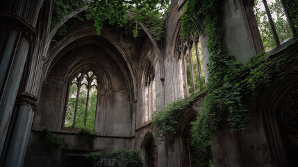 Ruined cathedral with vines, vines wrapping around tall stone pillars in dim light