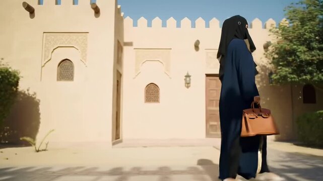 Elegant Woman in Abaya Walking in Arabian Courtyard