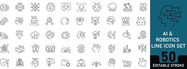 AI and Robotics line icon set featuring artificial intelligence, automation, machine learning, neural network, and futuristic technology in modern minimal outline vector style.