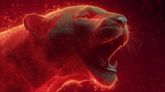 赤い粒子がきらめく、怒って吠える獰猛なライオンの顔のクローズアップ | Close-up of a Ferocious Lion Face Roaring Angrily with Red Glimmering Particles