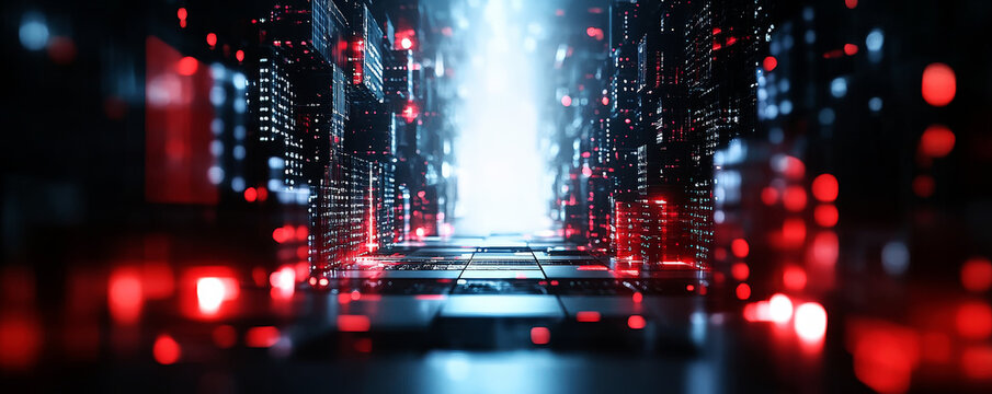 High - tech data center with bright lights and server racks