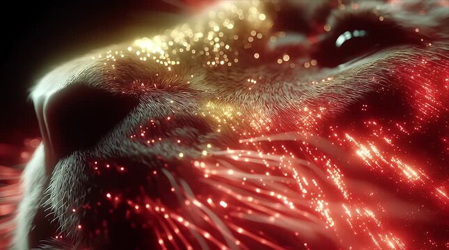 光の線と粒子でできた、獲物を追う獰猛な虎の顔のクローズアップ | Close-up of a Ferocious Tiger Face with Light Lines and Particles Chasing Prey