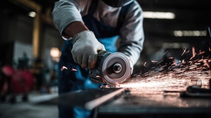 Worker using angle grinder producing bright sparks while grinding metal in workshop with protective glove and apron