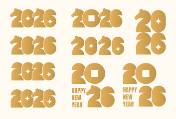 Chinese 2026 gold number illustration with horse-shaped 2, creative artistic design, Chinese new year concept, festive numbers for cover, brochure, postcard, banner, calendar. Vector EPS10