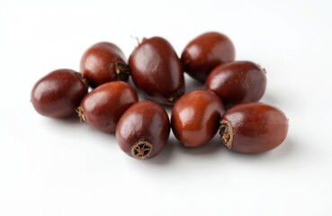 Obraz premium Group of Baru nuts on a white background. These native Brazilian nuts are oval shaped with smooth brown skin. Ready for roasting or eating raw.
