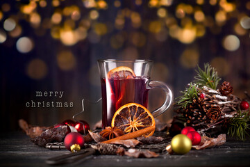 christmas still life with mulled wine and glimmering lights