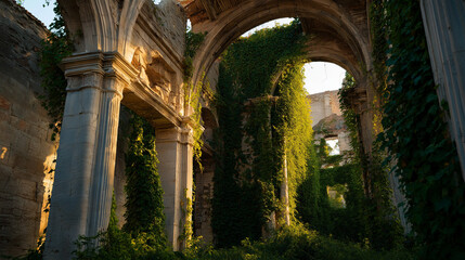 Ruined cathedral with vines, vines wrapping around tall stone pillars in dim light