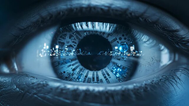 Close-up of a realistic eye, the iris features robotic gears and glowing city lights creating a futuristic sci-fi aesthetic