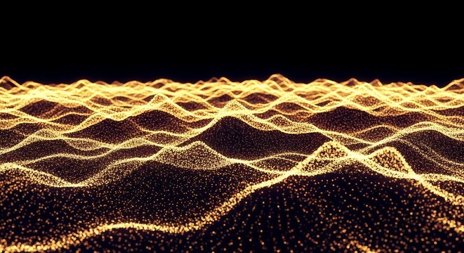 Low Angle View of Abstract Golden Particle Waves on Black Background
