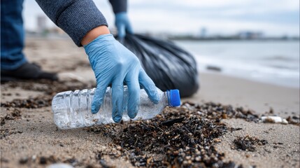 Volunteer in blue gloves picking up a discarded plastic water bottle from sandy shoreline and placing it into a black garbage bag during a beach cleanup to fight pollution
