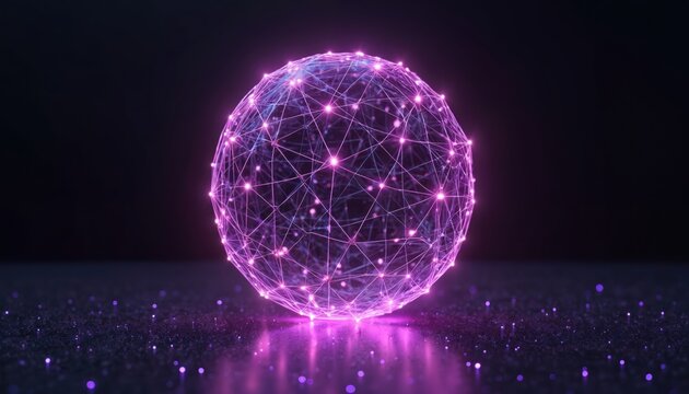 Sphere with lines and dots glows in purple cyberspace. Visual art represents digital network structure matrix. The photo shows ai communication innovation simulation concept and web node.