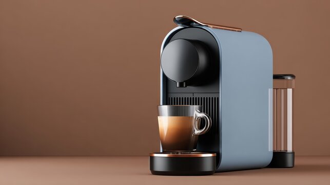 Coffee machine brewing a fresh espresso shot into a clear glass, highlighting contemporary kitchen appliance design and the inviting experience of a quality coffee at home - Powered by Adobe