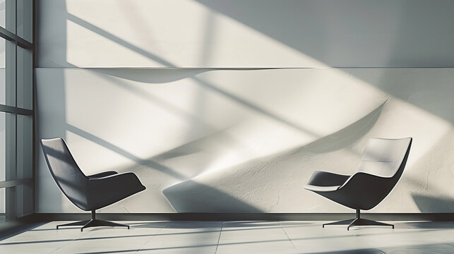 Minimalist modern design featuring contemporary armchairs and striking light patterns