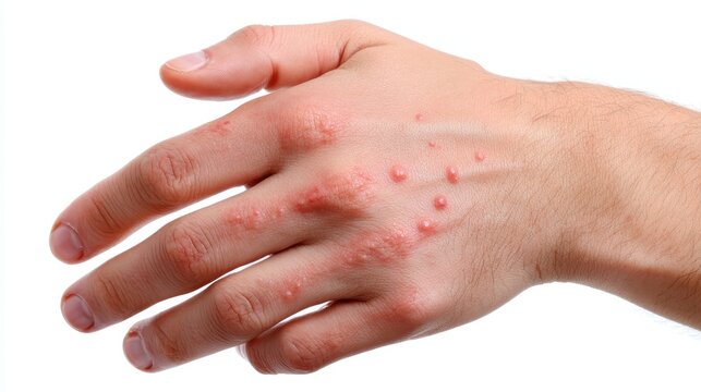 Human hand showing severe allergic dermatitis with red skin inflammation and numerous small fluid filled blisters, indicating a skin irritation or eczema on a white background