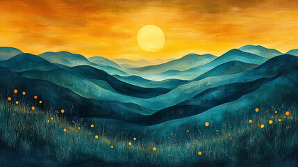Golden Sunrise Over Peaceful Mountain Fields