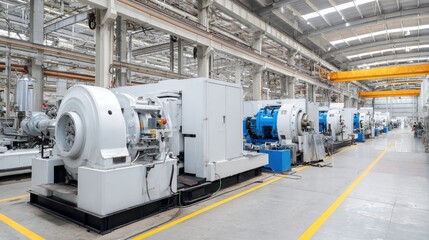 Fototapeta premium Bright, wide angle view of a modern manufacturing plant interior with a long automated production line, heavy industrial machinery and engineered metalworking equipment on a clean floor