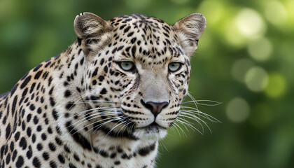 Obraz premium Majestic Leopard Portrait Against a Green Bokeh Background