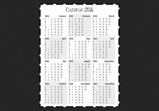 Calendar for 2026 Template. 12 Months Layout