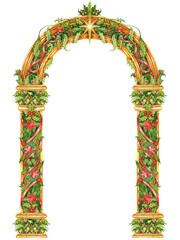 Watercolor Christmas and New Year festive golden arch decorated with poinsettia flowers, holly branches, red ribbons and a star. Perfect for gift products, cards, stickers and textiles
