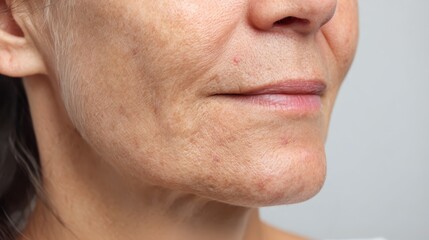 Obraz premium Mature woman's aging facial skin presenting wrinkles, fine lines, and hyperpigmentation, highlighting natural skin texture and dermatology concepts for beauty and health
