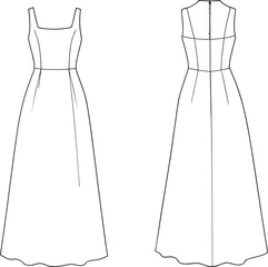 Women&rsquo;s long dress technical flat sketch, CAD fashion drawing apparel design, vector illustration front and back view garment template pattern style