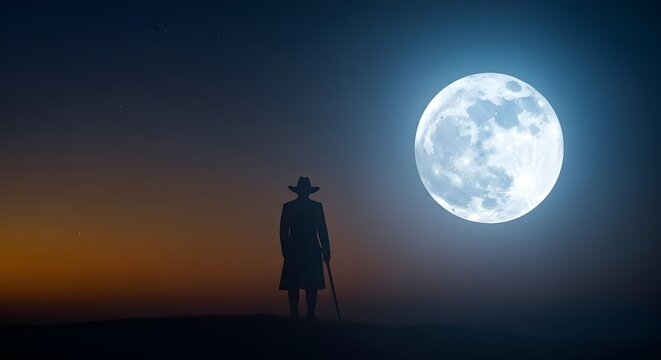 Wide Shot of a Man's Silhouette Under a Large Full Moon at Dusk - Powered by Adobe
