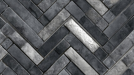 Seamless dark grey and silver herringbone mosaic tile texture with realistic stone surface for modern interiors