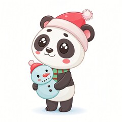 Naklejka premium Cute cartoon panda wearing a Santa hat and scarf holding a toy snowman