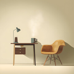 Serene Study Space: A minimalist office setting features a stylish desk with a lamp, books, and coffee cup, next to a comfortable chair, creating a harmonious and inviting workspace.