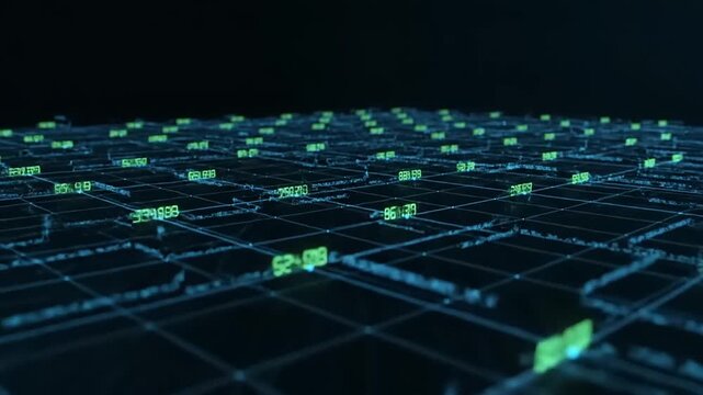 Abstract futuristic technology background with a digital grid of glowing numbers. Financial data analysis