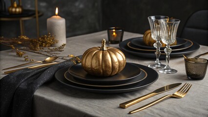 Elegant gold pumpkin centerpiece on a table setting with black plates gold cutlery and crystal wine glasses