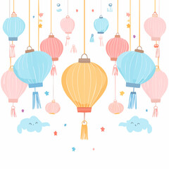 A whimsical and festive display of colorful hanging paper lanterns celebrating a traditional cultural holiday