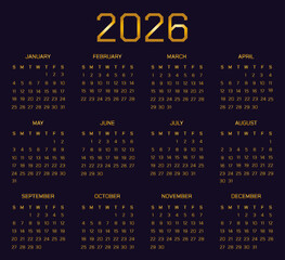 Calendar diagram of 2026 | Modern 2026 calendar design | Vector calendar illustration for wall and desk | Futuristic calendar design with golden color | Web calendar with dark block background
