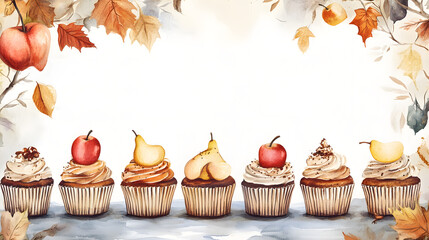 Autumnal Sweet Temptations: An array of beautifully adorned cupcakes are presented, showcasing an artistic arrangement, symbolizing the essence of autumn season with an inviting composition