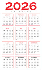 Calendar diagram of 2026 | Modern 2026 calendar design | Vector calendar illustration for wall and desk | Futuristic calendar design with red, black font | Box diagram creative calendar