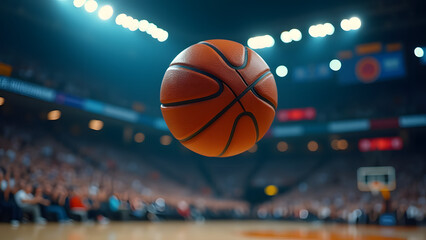 Basketball in mid-air during professional game in arena with bright stadium lights and blurred crowd