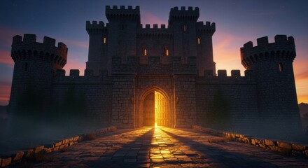 Fototapeta premium Medieval Castle Fortress at Sunset with Glowing Entrance and Towered Walls