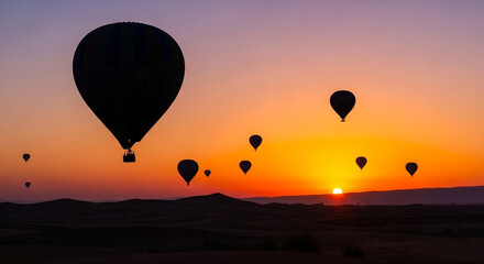 Obraz premium Breathtaking sunrise over cappadocia with hot air balloons silhouetted against the vibrant sky, creating a magical and unforgettable travel destination experience