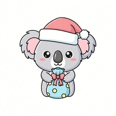 Fototapeta premium Cute cartoon koala wearing a Christmas hat holds a gift bag transparent background