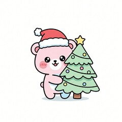 Fototapeta premium Cute pink bear wearing Santa hat holding a decorated Christmas tree holiday