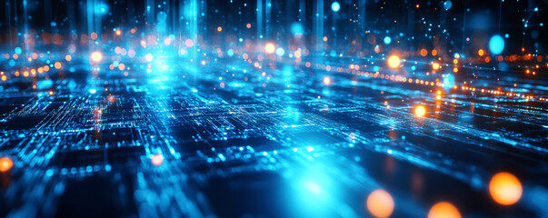 Abstract digital circuit board with glowing lights and connections