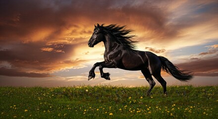 Black Friesian Horse Rearing Up in a Field with Yellow Wildflowers