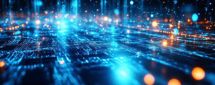 Abstract digital circuit board with glowing lights and connections