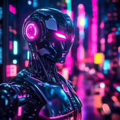 Futuristic Robot Neon Cityscape Cyberpunk android
